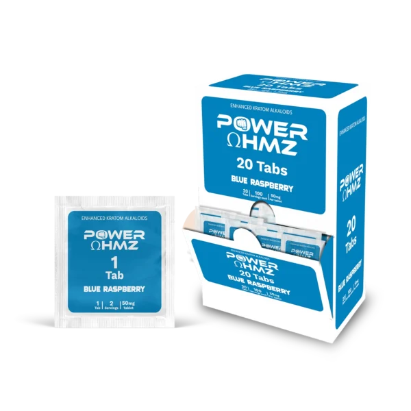 Power OHMZ Blue Raspberry Enhanced Kratom Tablets - 20 Tabs, 50mg